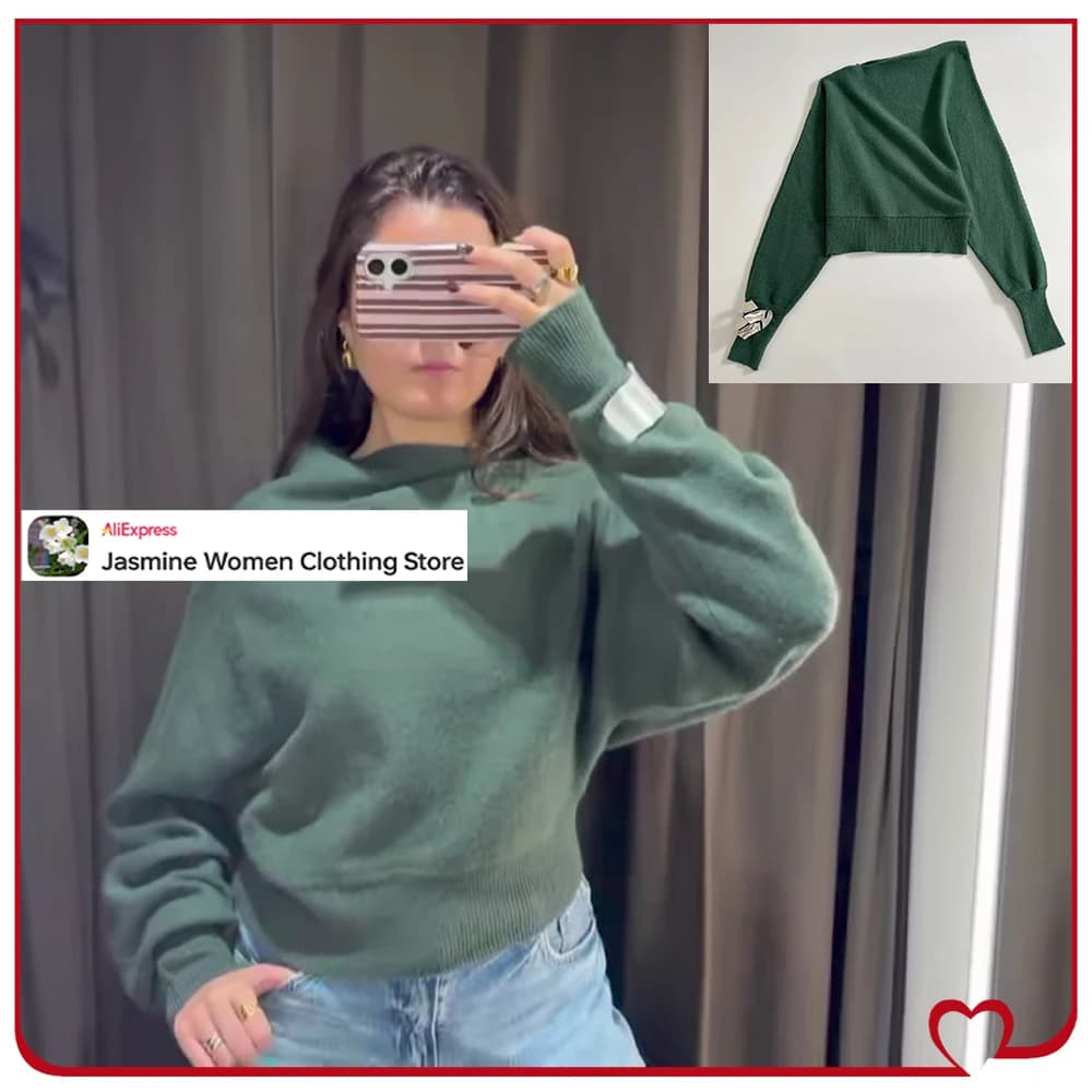 Maglione lavorato a maglia asimmetrico elegante da donna con bracciale Maglieria verde autunnale Elegante collo asimmetrico e pullover a maniche lunghe