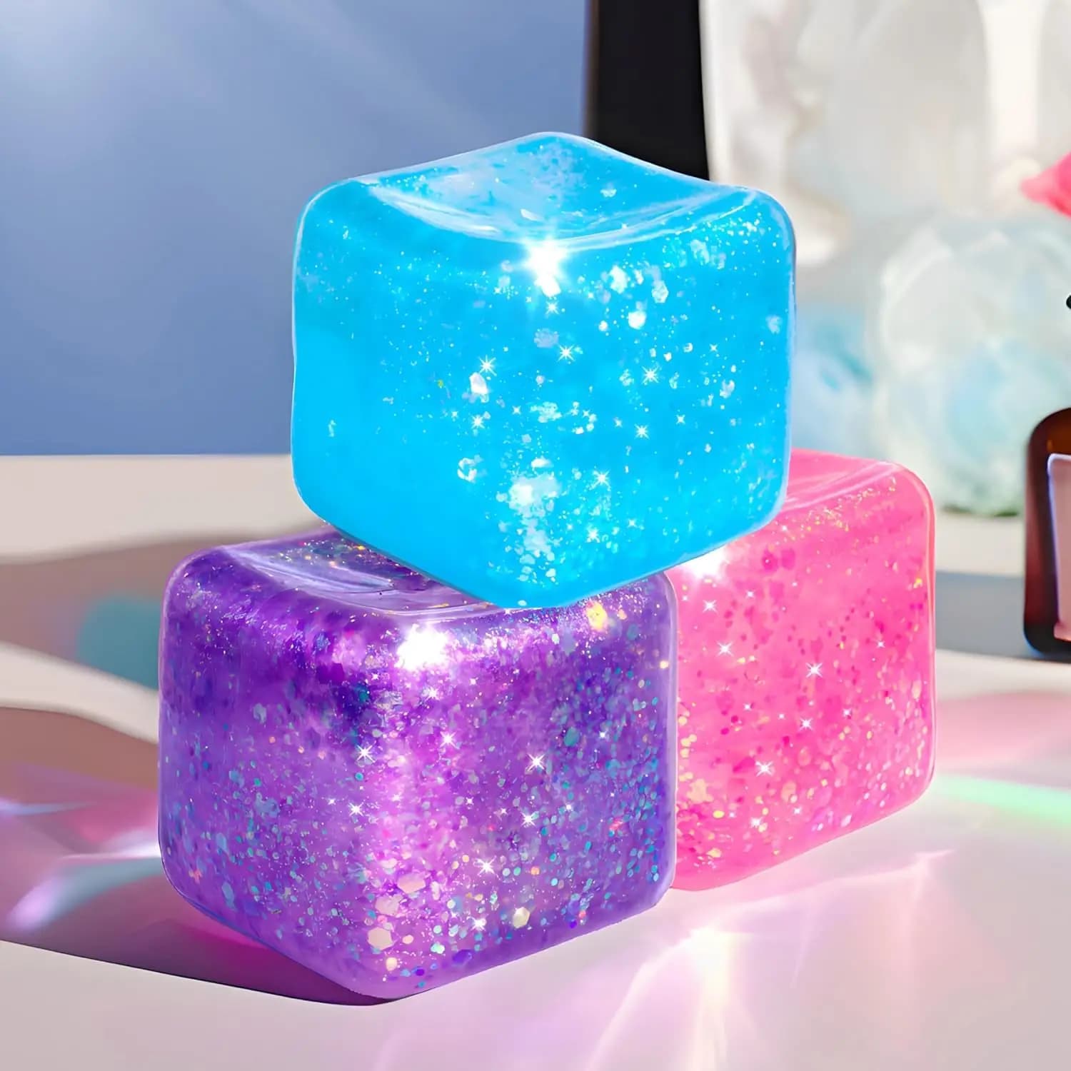 Cubo Antistress Lento a Lasciarsi Cadere con Glitter, Palline Antistress in Zucchero di Malto per Adulti e Bambini, Giocattoli Sensoriali Antistress Squishy