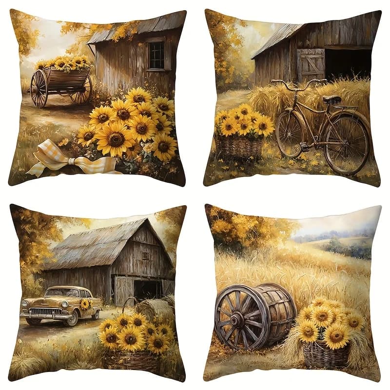Sunflower and Grano Print theme on one side Short Plush Suitable for living rooms, bedrooms, sofas (excluding pillow containers)