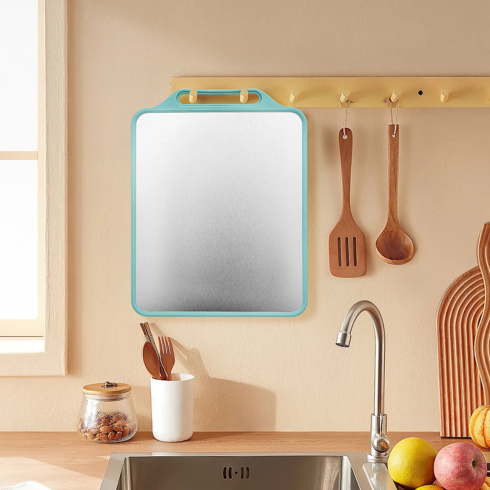 Bifacial Size Large Stainless Steel and Plastic Anti-slip with Hook for Kitchen, with Reinforced Angles