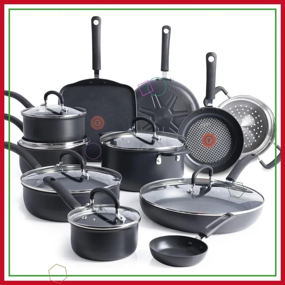 Set of 17 Pieces Anti-adhesive Pots, Dure Anodized, Dishwasher Washables, Black Pots and Padelles with Frying pan