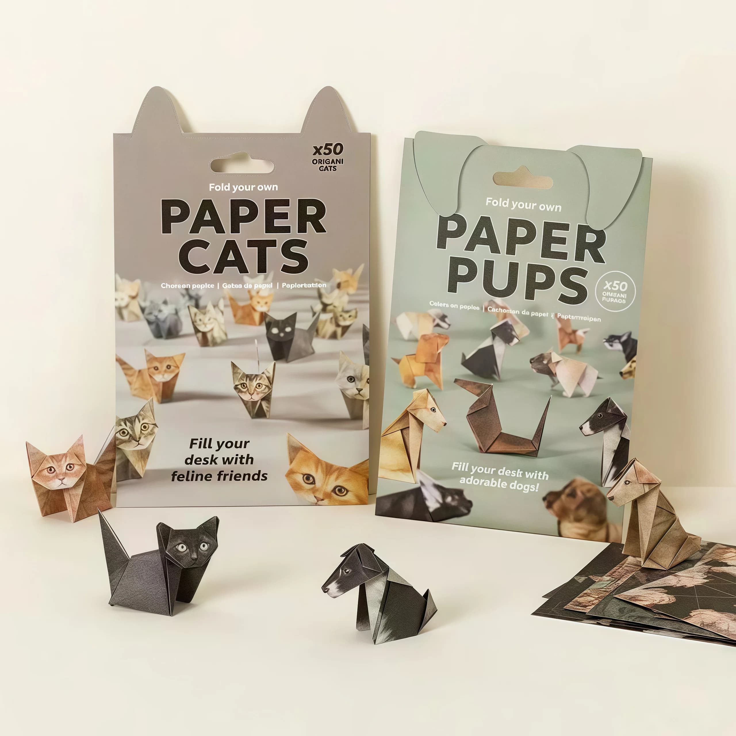 Kit Fai-da-Te per Origami di Gatti, Cani e Dinosauri, 50 Pezzi, Piegliati in Carta, Decorazione 3D da Scrivania, Giocattolo per Bambini, Adulti e Principianti, Idea Regalo