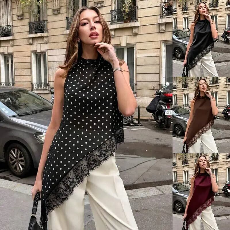 2026 Summer Fashion Blouse Women's Slim Fit Lace Top Sleeveless round Neck Polka Dot Print Skin-friendly Breathable Shirt