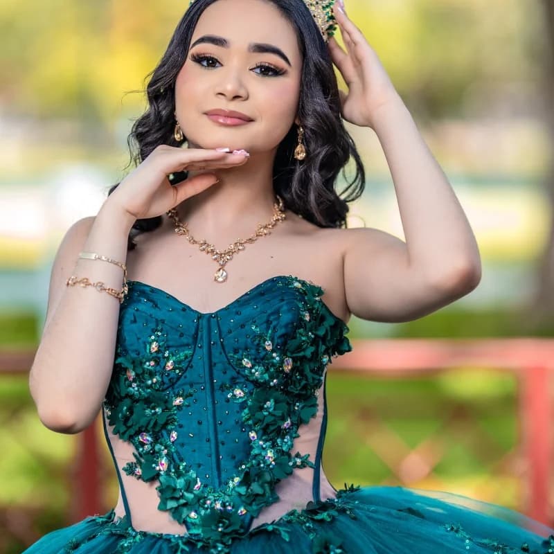 Dark Green Quinceanera Dress off-shoulder Glitter Crystal 3D Flower Decal Long tail vestidos de 15 Quinceanera Customize