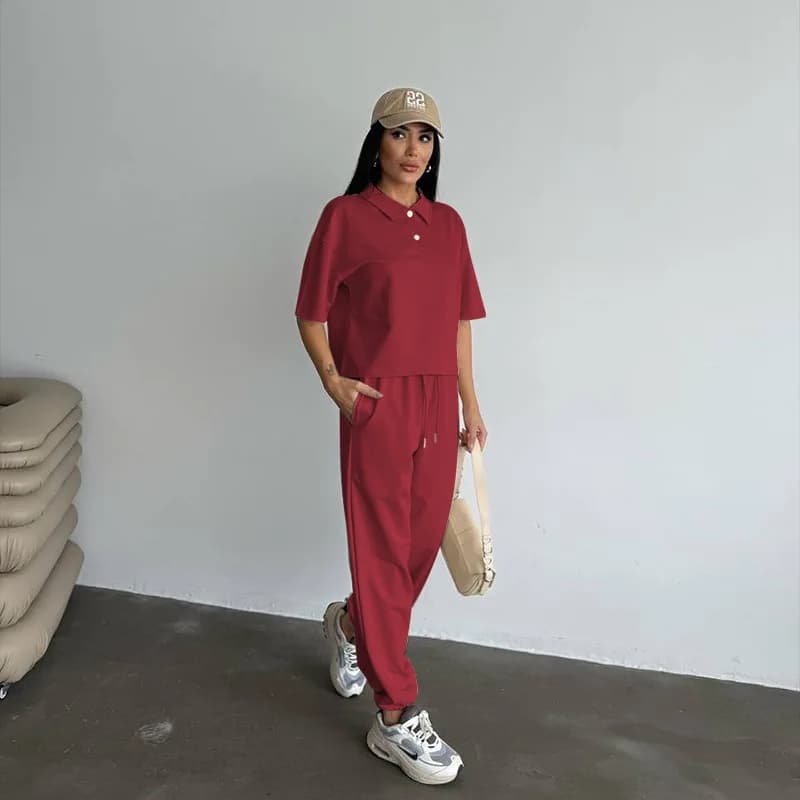 Women's Spring Summer Solid Color Lapel Short Sleeve Half Cardigan Top Fashion Casual Small Leg Pants Set