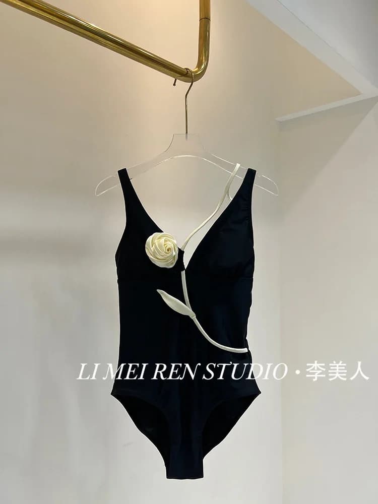 New handmade three-dimensional flower V-neck camisole one-piece swimsuit