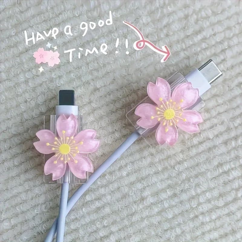 2 pezzi protezione cavo cartone animato fiori carini protezione caricatore USB organizzatore cavo avvolgicavo cavo linea dati Kawaii per iPhone