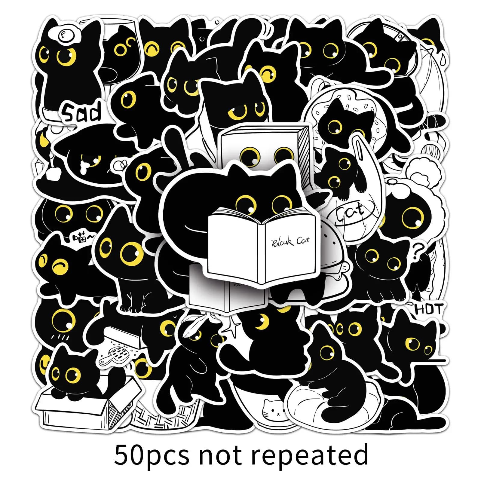 50 Pieces Wall decal Cat Black Kawaii, Sympathetic Cats Funny Memes Decorative scratches for Skateboard, Desk, Helmet, Bikes, Decalcomanie, Gift Toy for Children