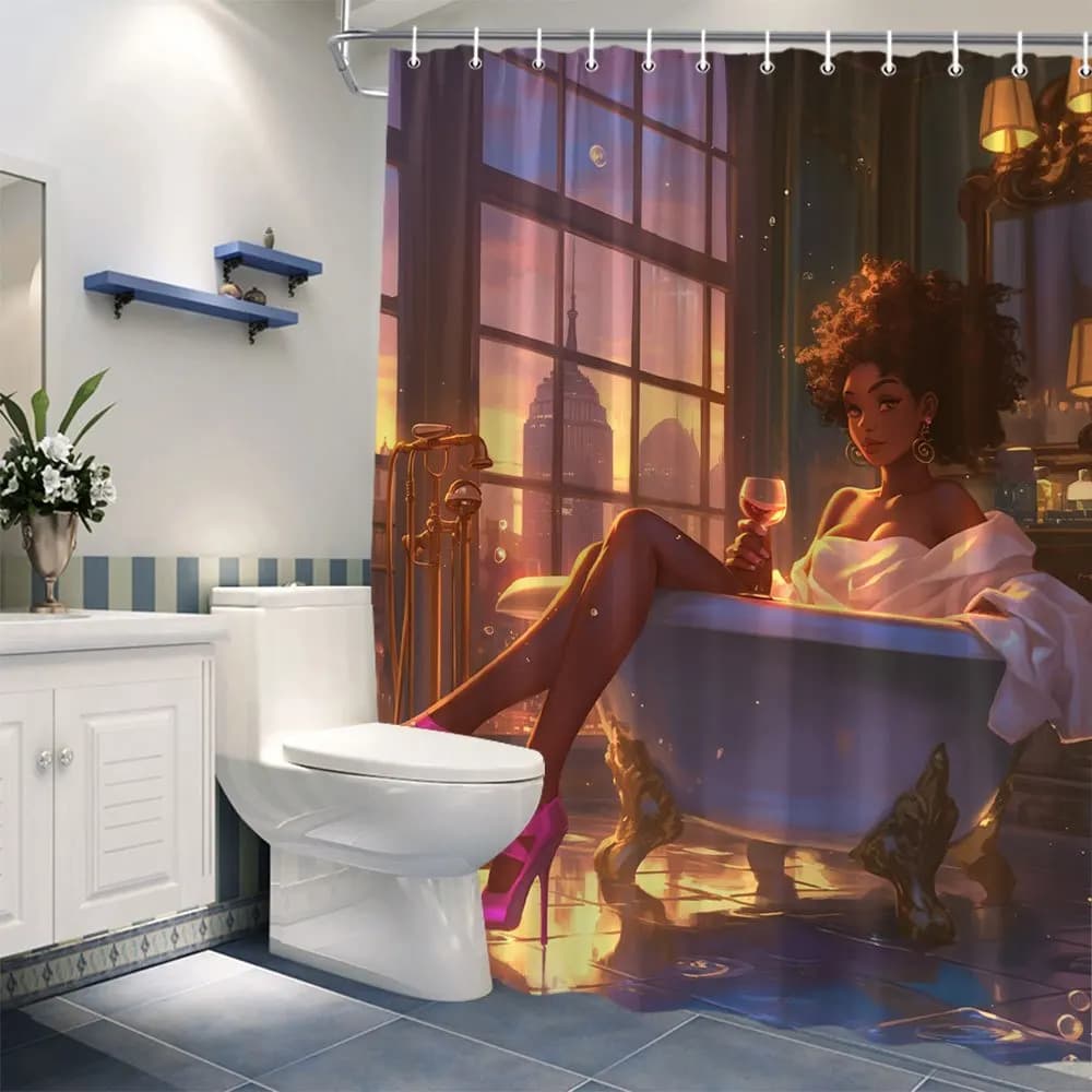 Elegante tenda da doccia Scena per vasca da bagno di lusso Pelle scura Tenda da doccia femminile Decorazione da bagno di grandi dimensioni con 12 ganci