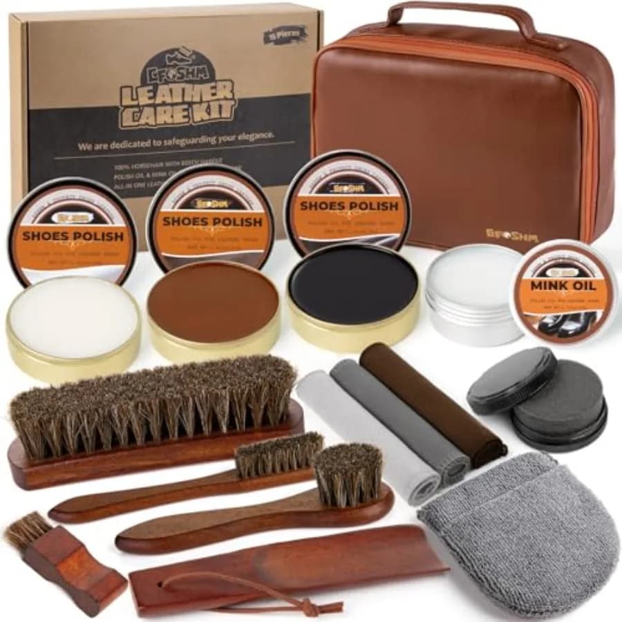 Kit Lucidatura Scarpe 15-in-1: Set Completo per la Cura delle Scarpe in Pelle con 4 Spazzole in Crine di Cavallo, Cera Nera, Marrone, Neutra, Olio di Visone e 3 Panni Lucidanti