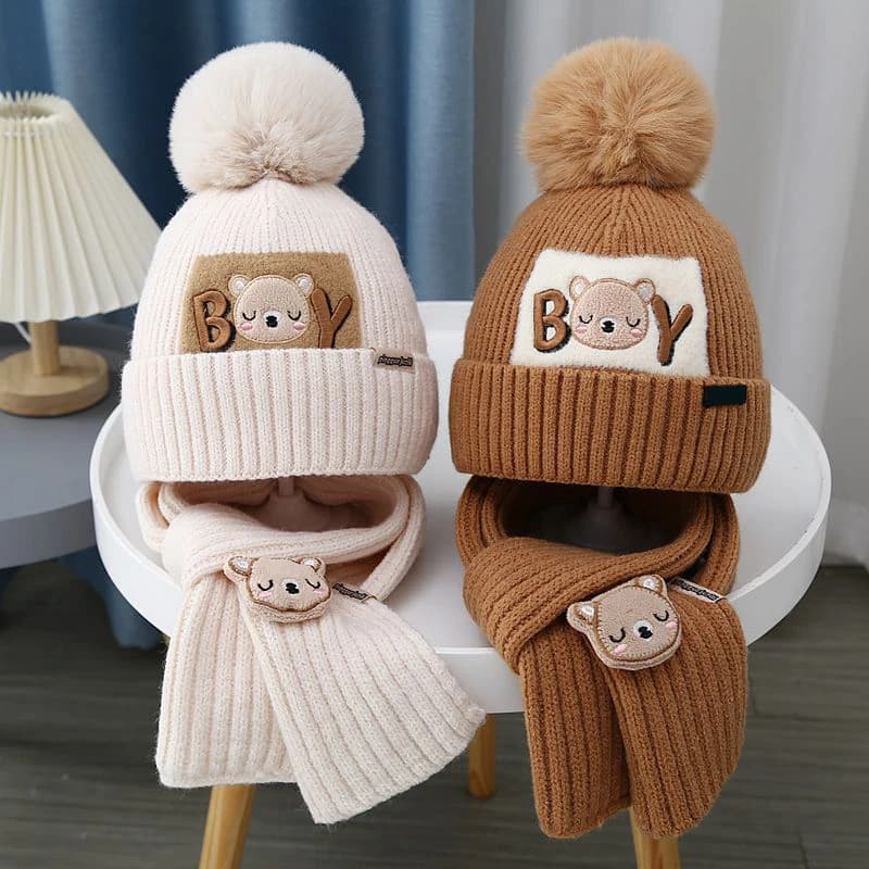 Winter Children Scarf Beanie Set 1-6year Baby Thick Woolen Knitted Hat Cute Cartoon Kids Ear Protection Cap Toddler Neckerchiefs