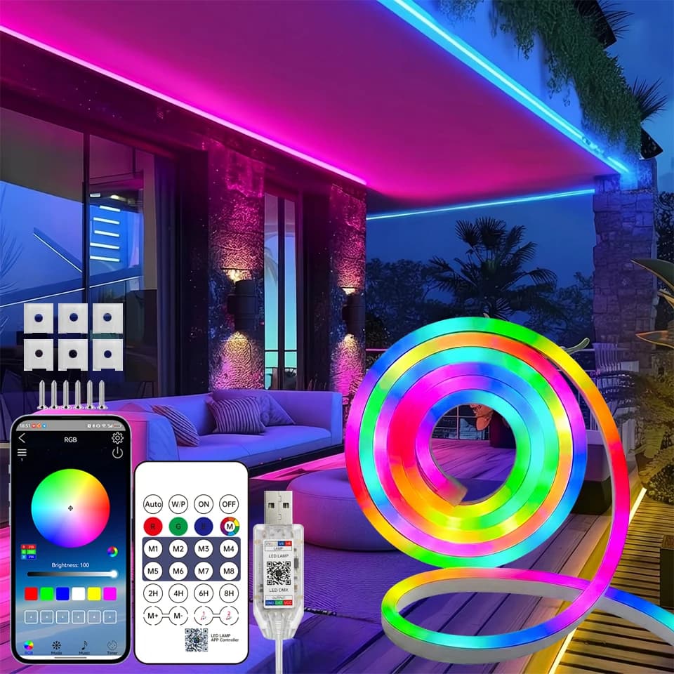 Smart Neon LED Strip Lights USB 5V RGB IC Silicone Neon Rope Light with Music Sync RGBIC Dreamcolor Chasing Strip Tape for Room