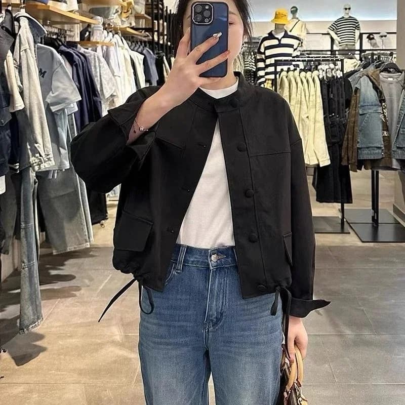 Giacca Corta Casual alla Moda con Colletto Rialzato da Donna, Top Primaverile Autunnale Popolare Effetto Snellente in Fibra di Poliestere a Maniche Lunghe con Cerniera