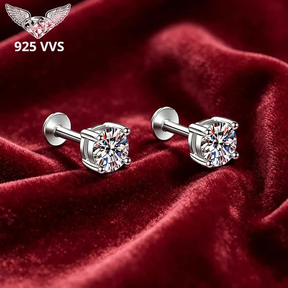 D Color VVS1 Moissanite Stud Earrings S925 Sterling Silver 4‑Prong Screw Back Earrings Sparkling Daily Piercing Jewelry Gift