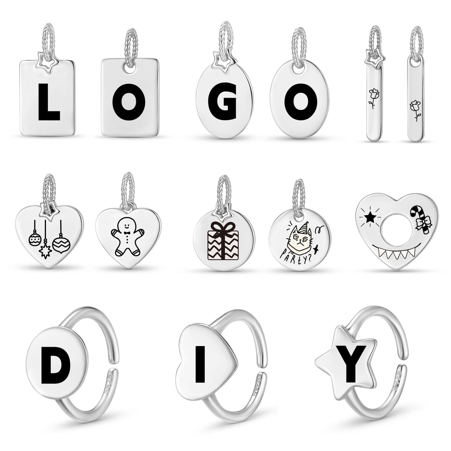 Sterling Silver 925 Pure Silver Smooth Engraved Laser Customize Ring With Beads Charm Suitable Bracelet Original Jewelry DIY Accessories