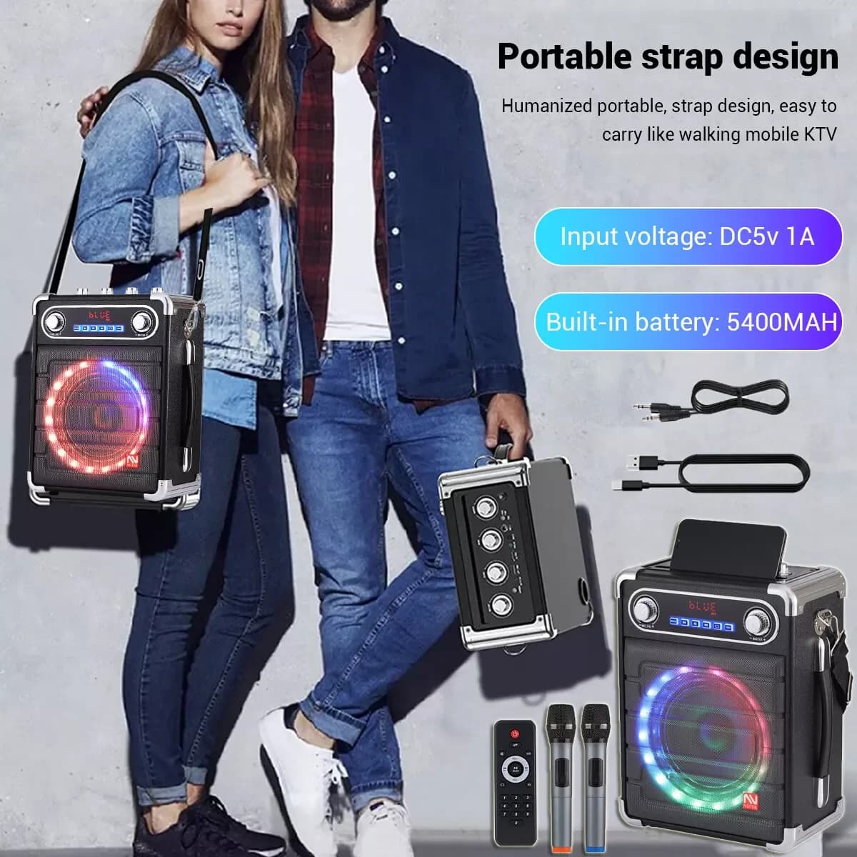 Macchina per karaoke con 2 microfoni wireless Altoparlante Bluetooth portatile Party LED