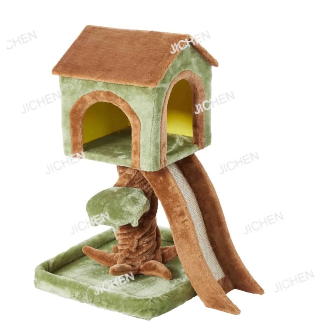 Tiragraffi e albero per gatti in legno per famiglie multigatto, con struttura a forma di casa sull'albero e scala