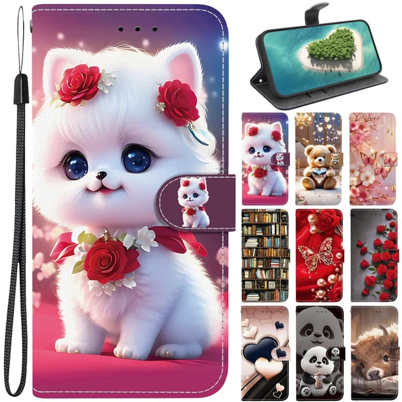 Rose Cat Bear Case for Samsung Galaxy A57 A37 A17 A07 A56 A36 A55 A16 A35 A54 A53 A52s Cases Wallet Flip Stand Back Cover Strap