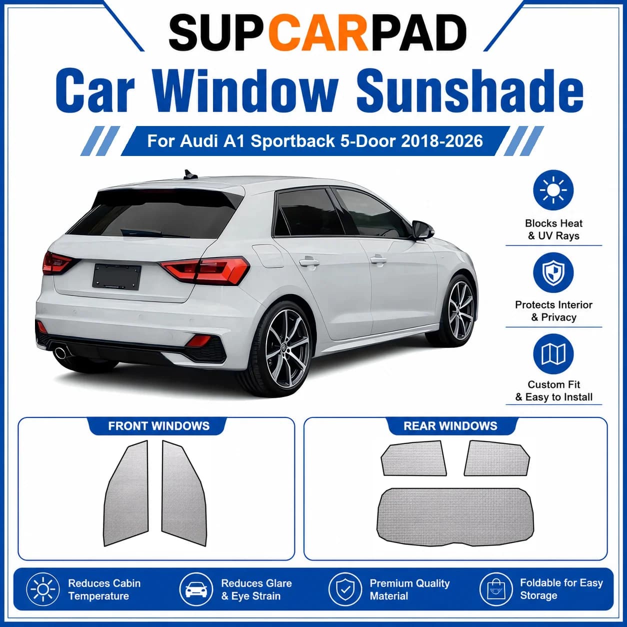 For Audi - Audi A1 Sportback 5-Door 2018-2026 Full Set Car Window Sunshades UV Block Privacy Heat Insulated Foldable Car Curtain