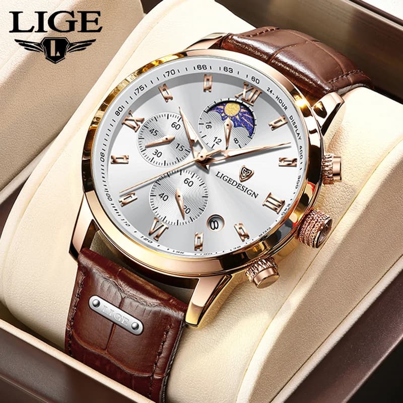 Orologio da polso da uomo LIGE TOP, alla moda, con calendario, luminoso, al quarzo, con fasi lunari, impermeabile, casual, sportivo, reloj.