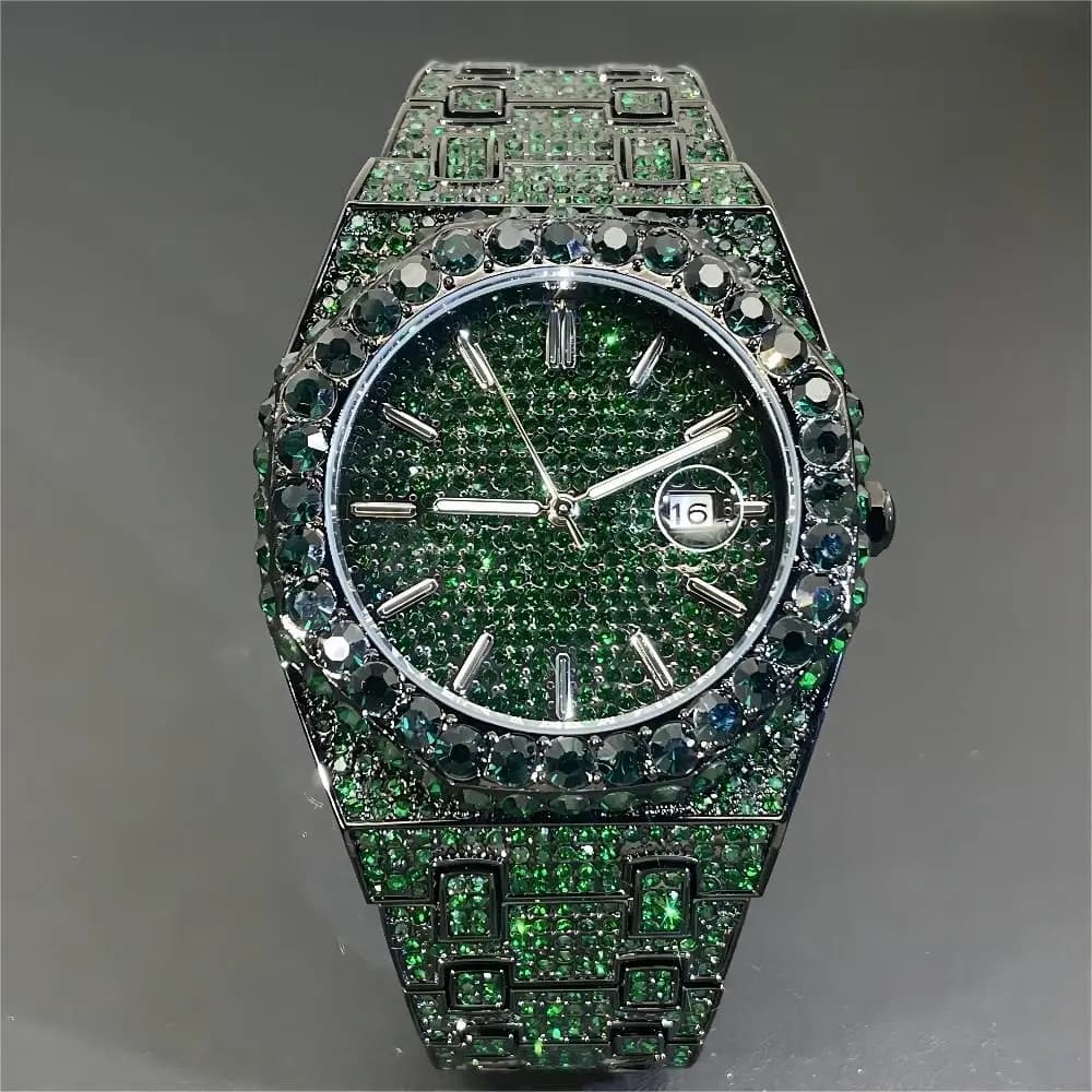 2024 MISSFOX Fashion Green Watches Men Luxury Automatic Date Iced Quartz watches Hip Hop Diamond AAA Jewelry men's wristwatch Reloj