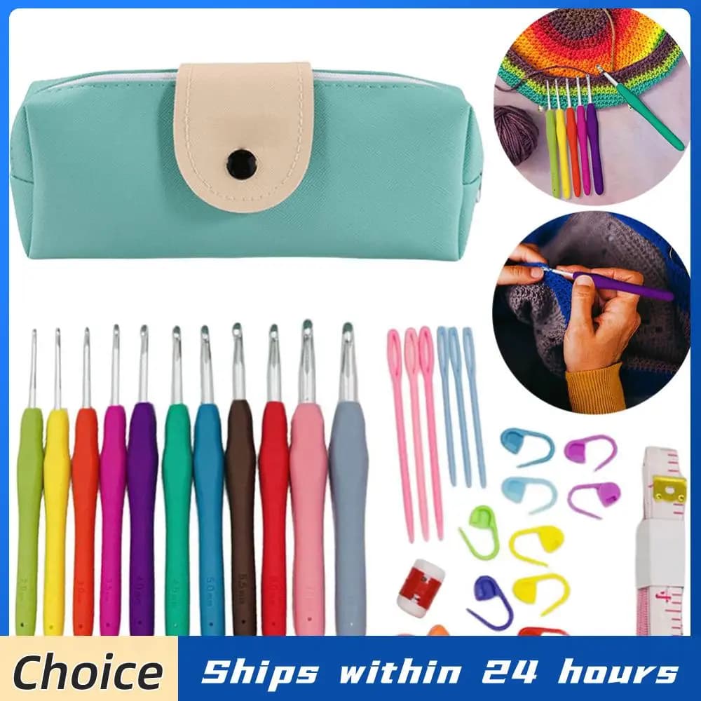 Set di 11 Ferri da Maglia con Manico in Gomma Colorata, Clip per Cucito, Ferri in Plastica, Forbici in Acciaio Inox, Set di Uncinetti