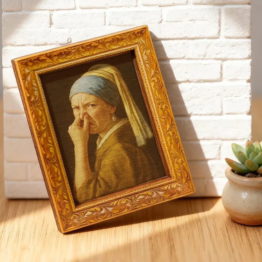 1 pc What do you smell? "Wooden refrigerator magnet, refrigerator tile imitating the famous painting" Girl with Pearl Earrings ", wooden mini decorative painting, funny decorative tile, household magnetic message sticker, unique gifts and kitchen goodies