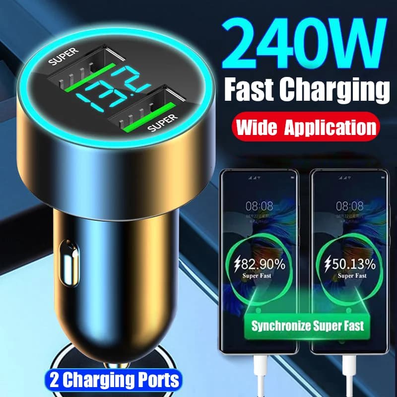 240W con display digitale Caricabatteria da auto a 2 porte Adattatore di ricarica USB veloce per iPhone Samsung Xiaomi Huawei Caricabatterie a ricarica rapida