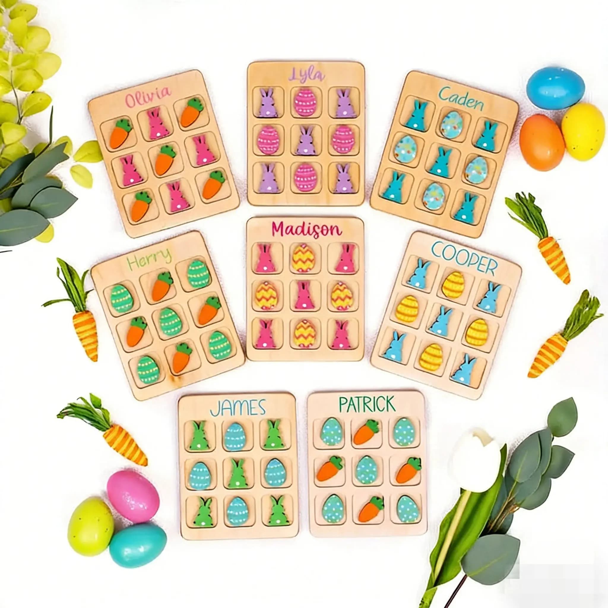 Gioco personalizzato in legno coniglietto pasquale Tic Tac Toe - Giocattolo con blocchi di uova e carote, bomboniera per bambini, regalo di festa per bambini