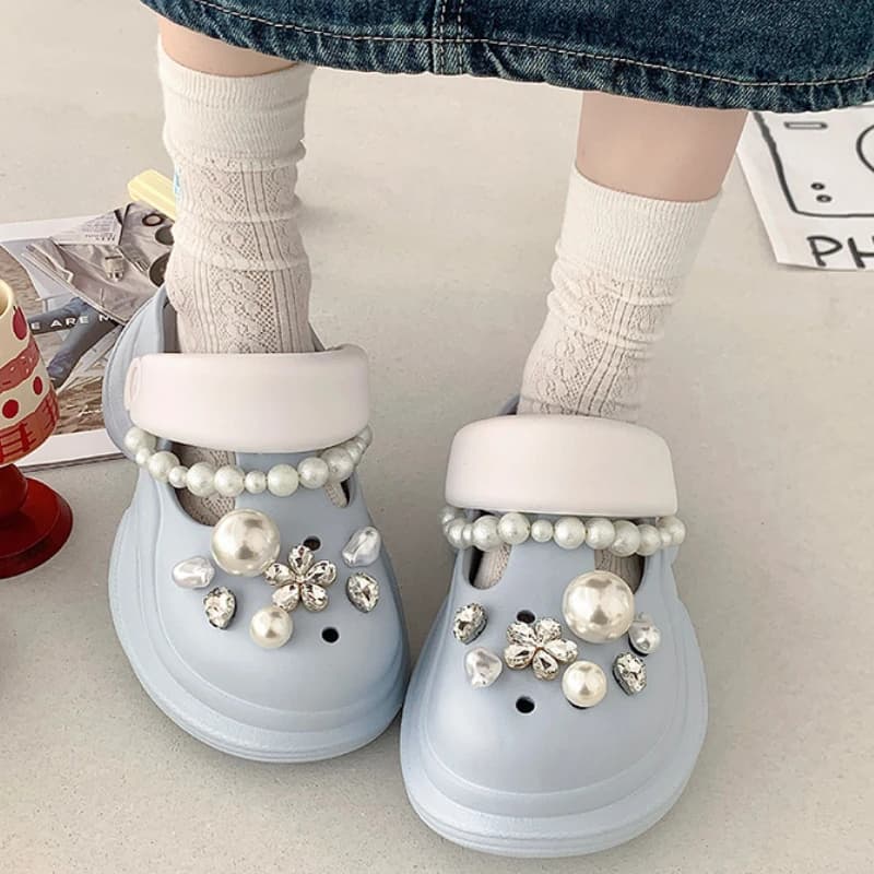 Pantofole con plateau da donna Zoccoli con perle con strass fai-da-te Scarpe da giardino estive Sandali con plateau con scivoli da strada per ragazze con suola spessa