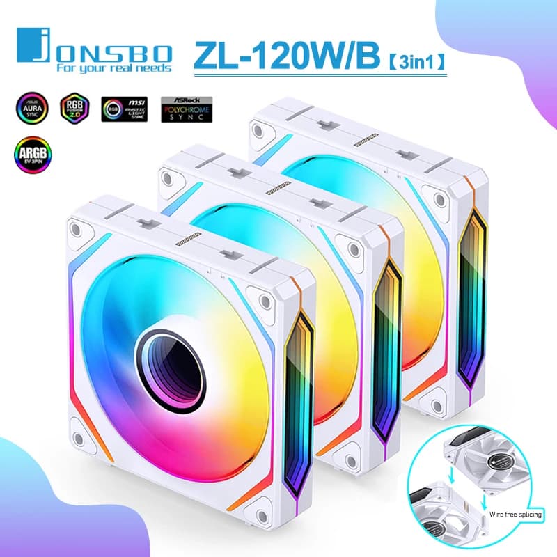 Jonsbo ZL-120W Ventola Case ARGB 120mm Ventola di raffreddamento CPU 4PIN PWM Controllo della temperatura ZL-120BR Ventole per case del computer avanti/indietro