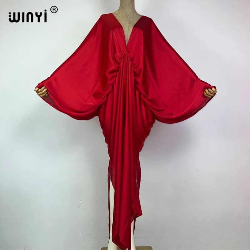 WINYI Monochrome Elegant Swimwear Cover Up Women's Beach Dresses With V Neckline Women's Summer Dresses Fashion Long Sleeved Dress