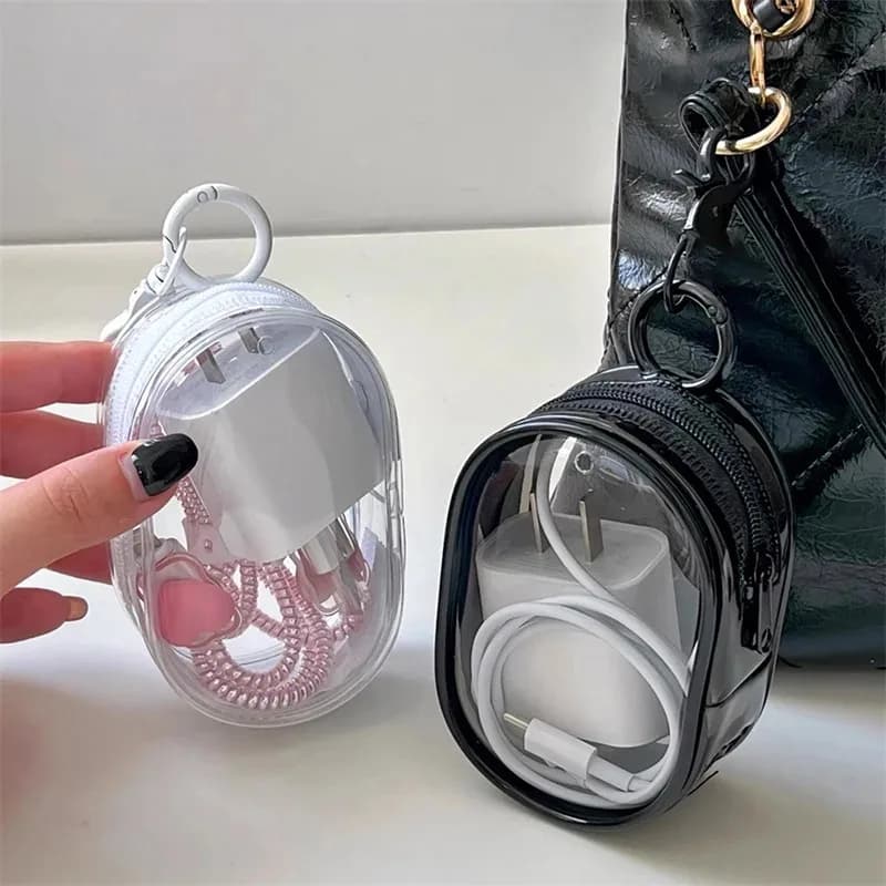 Nuove Borse Cosmetiche Rotonde Nere in PVC Trasparente, Organizer per Gioielli, Custodie Portatili per Cavi Dati, Auricolari, Monete e Caricabatterie