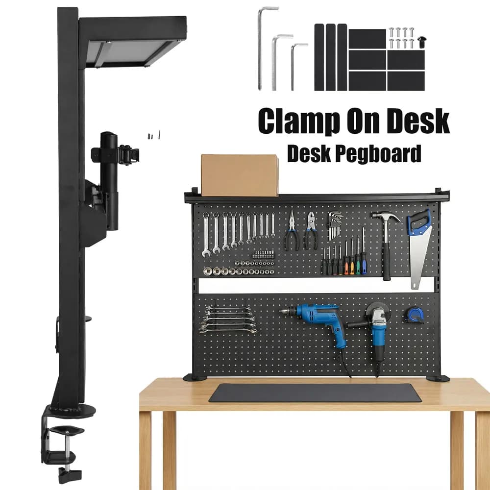 Metal Drilled Panel with Monitor Supports, Computer Accessories Shelving System, Home and Office Desk Library