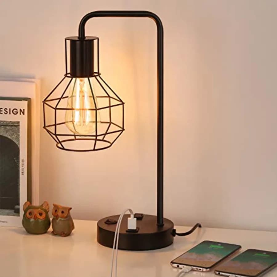 Lampada da Tavolo USB Moderna con Presa, Lampada da Scrivania Industriale Stile Fattoria per Camera da Letto, Ufficio, Soggiorno, Nera Senza Lampadina
