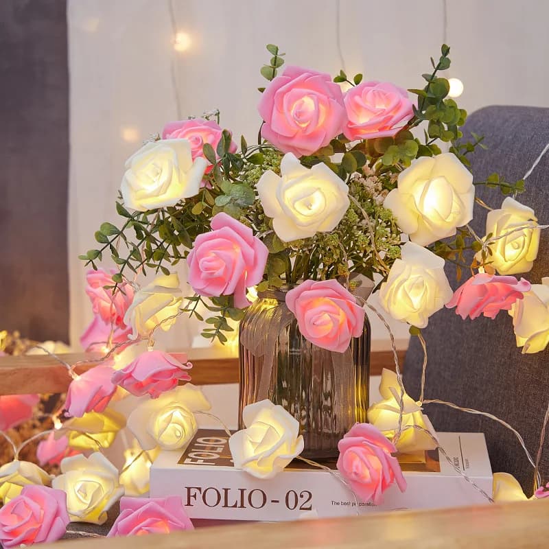 1pc 2M 10 luci LED a forma di rosa bianca e rosa per decorazione di giardini e stanze, luce notturna senza batteria