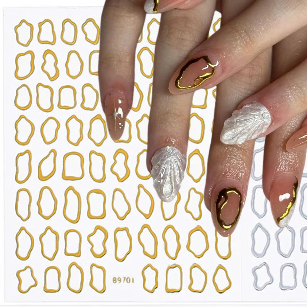 1Pc 3D Oro Hollow Irregolare Geometrica Adesivi Per Unghie Holo Struttura In Metallo Oro/Argento Decalcomanie Quadrato Cursori Autoadesivi Nail Deco