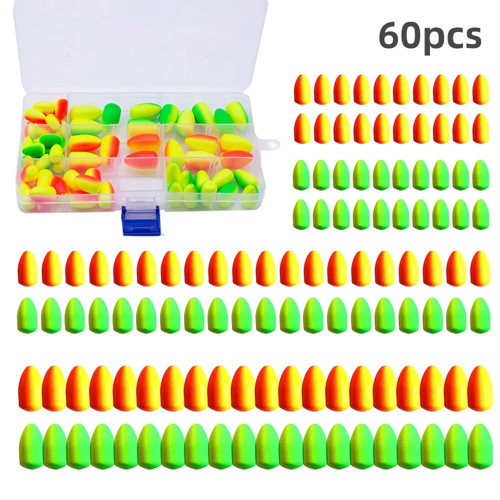 60PCS Galleggianti da pesca Galleggianti Pompano per impianti di pesca Galleggianti Galleggianti da pesca a mosca Colore brillante con scatola per attrezzatura Schiuma EVA leggera