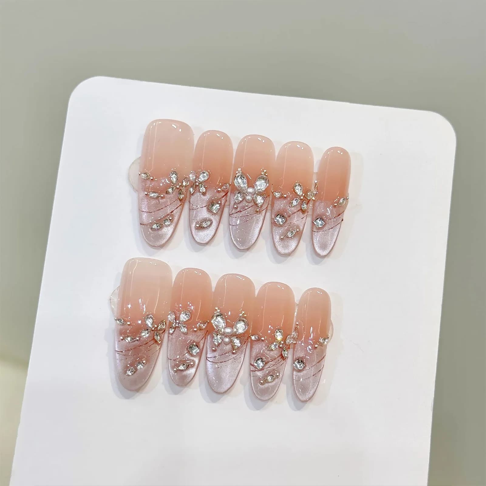 10 pieces handmade print on nails 3D zircons diamond butterfly fingernails fake decoration almond wearable cat eye luxury tip for fake nails