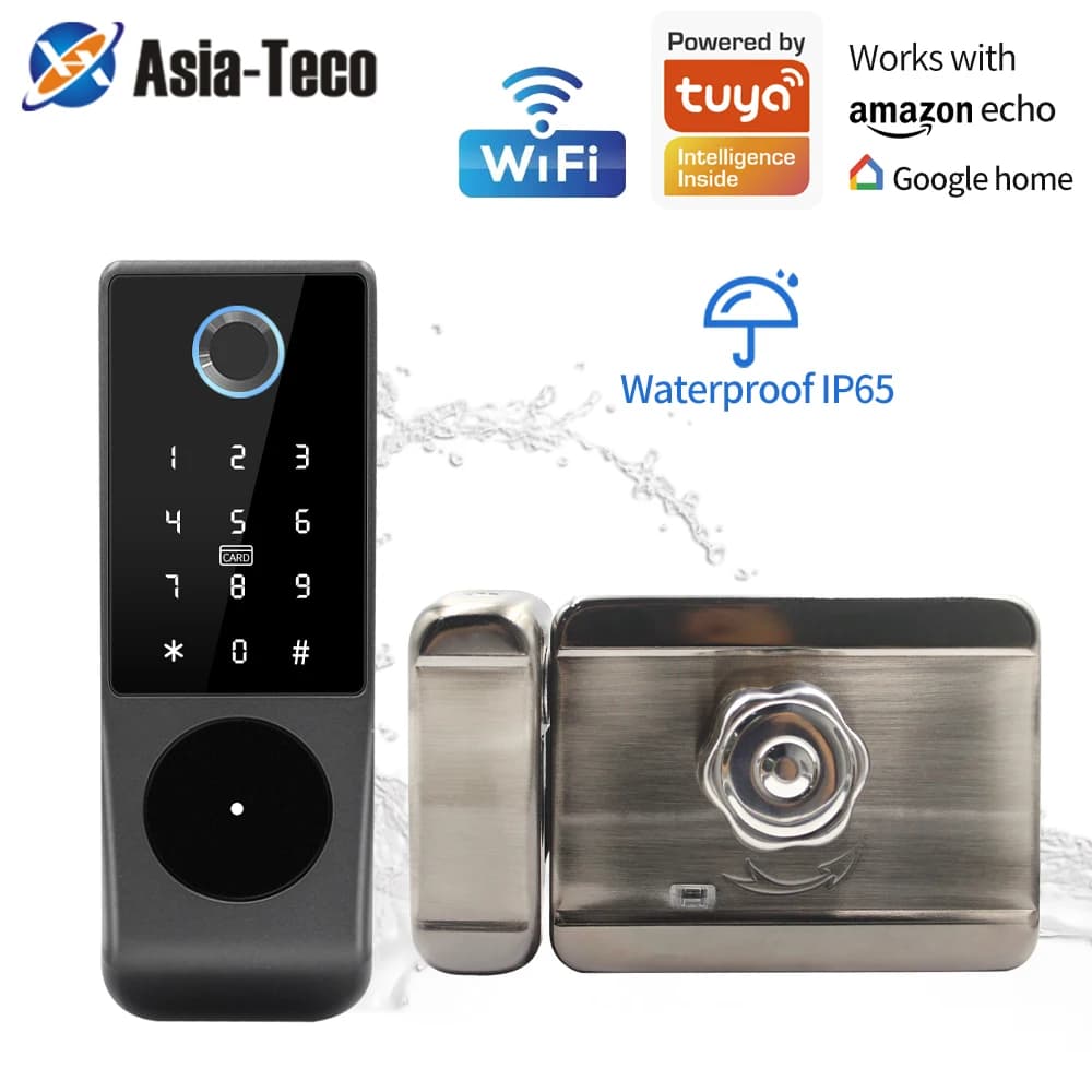 IP65 impermeabile Wifi Tuya App Fingerprint Smart Door Lock Outdoor Gate Password RFID Card Rim bolt Lock chiave meccanica con Alexa