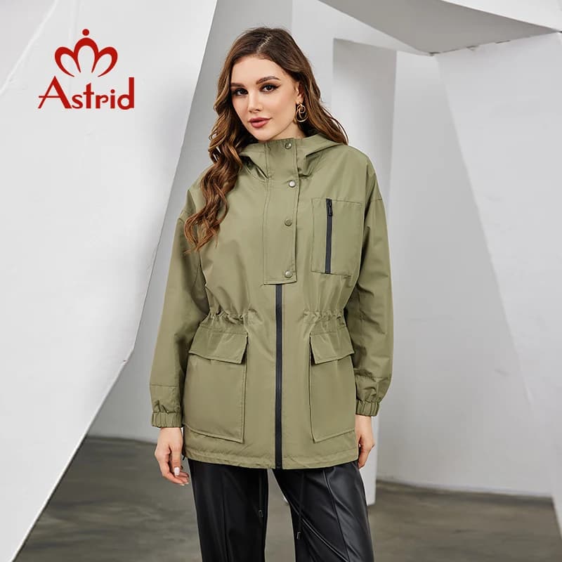 Astrid primavera autunno nuove donne Trench giacca donna con cappuccio cerniera cintura moda Casual antivento soprabito capispalla femminile