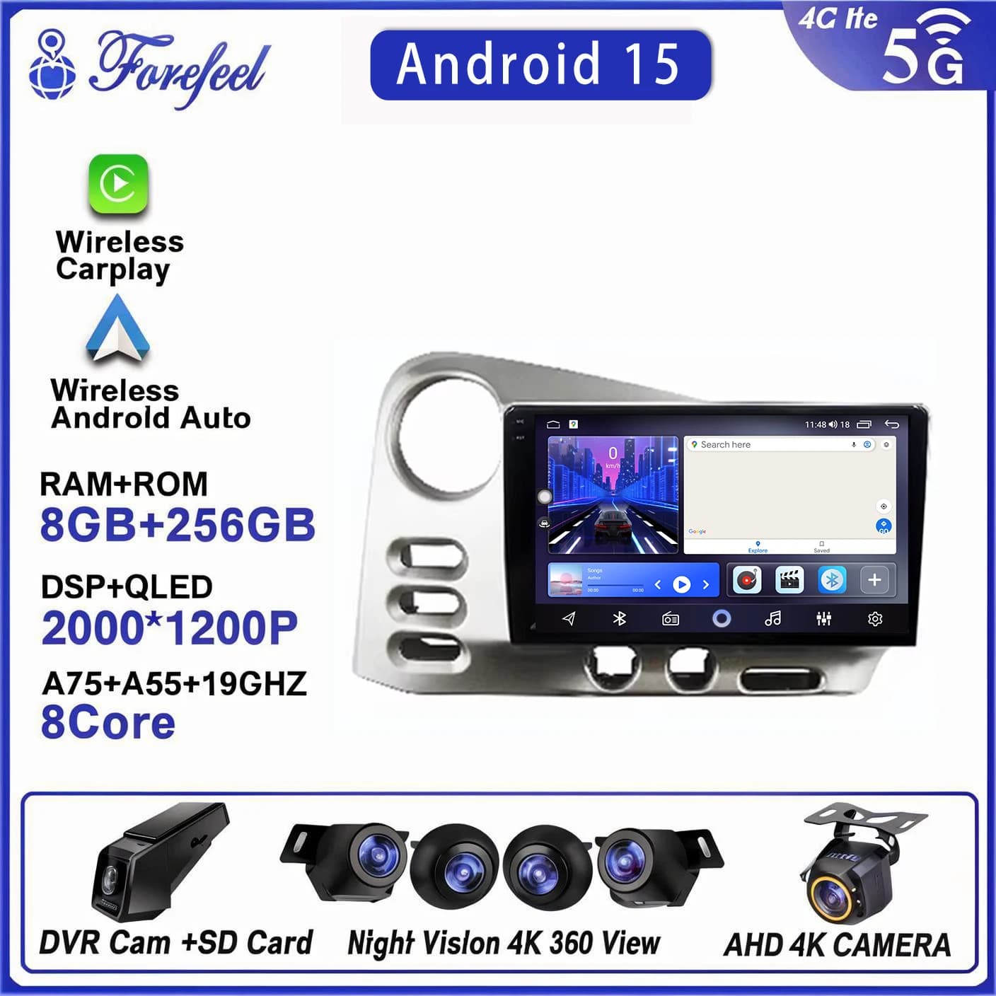 Autoradio multimediale 2K Android 16 con GPS, navigatore, stereo e dashcam per Toyota Matric 2003-2004 e Pontiac Vibe 2003-2004