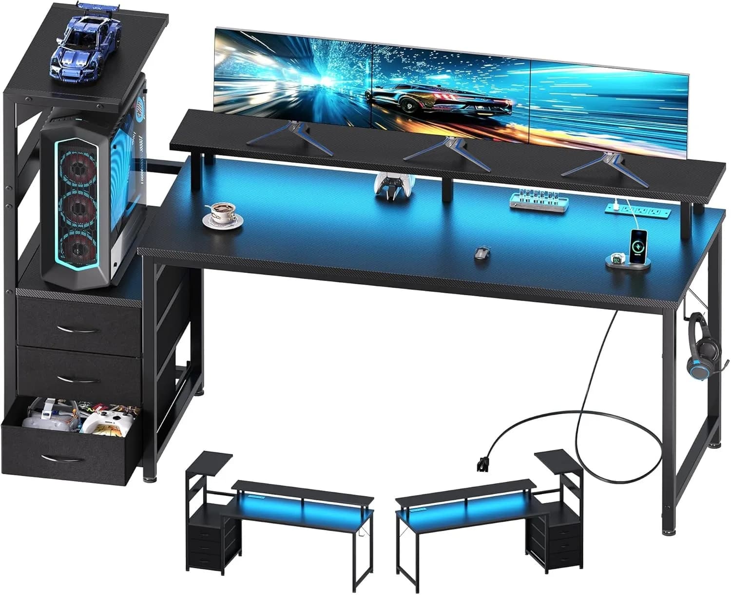 House and Office 59'' Gaming Desk with 3 Drawers, shelves, LED lights and Current socket