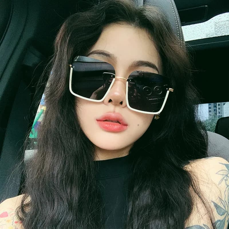 Women's High-end White Half-frame Sunscreen Sunglasses Square Round Face Showing Face Slim UV Protection Personalized Sunglasses