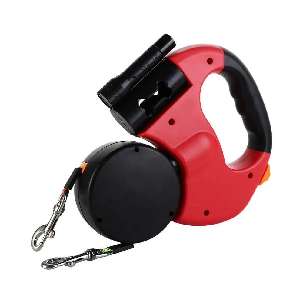 Guinzaglio Doppio per Cani con Luci, Regolabile, Riflettente, Retrattile, Rotazione a 360°, in Plastica e Nylon