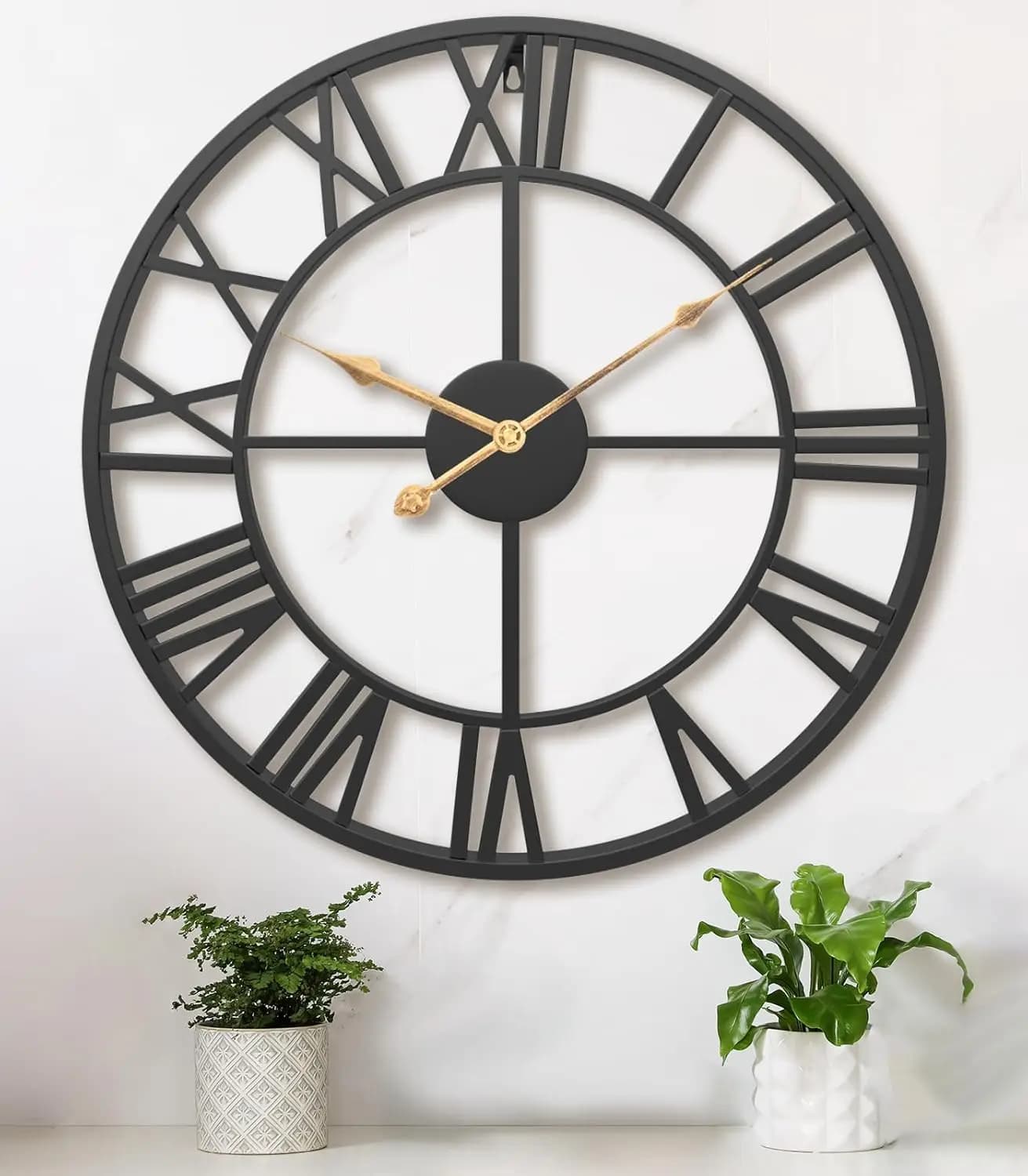 Black Metal Silent Vintage Wall Clock with Roman Numerals, 30 Inches, for Living, Kitchen, Bedroom