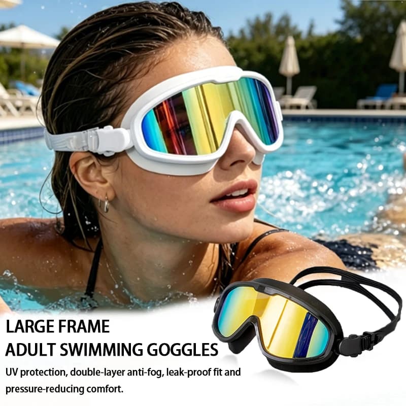 Electroplated Large Frame Adult Swim Goggles, Anti-Fog UV Waterproof Wide View for Pool Beach Swimming Snorkeling