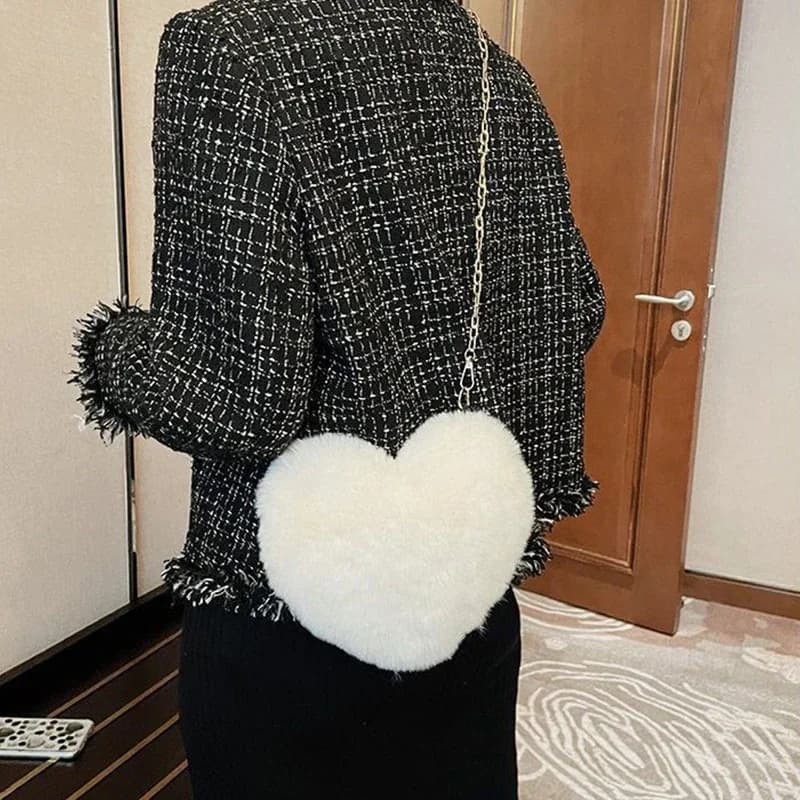 Borse a Forma di Cuore alla Moda per Donne, Graziose Borse a Tracolla in Finta Pelliccia Kawaii, Portafogli, Borsette in Peluche con Catena, Borse da Donna