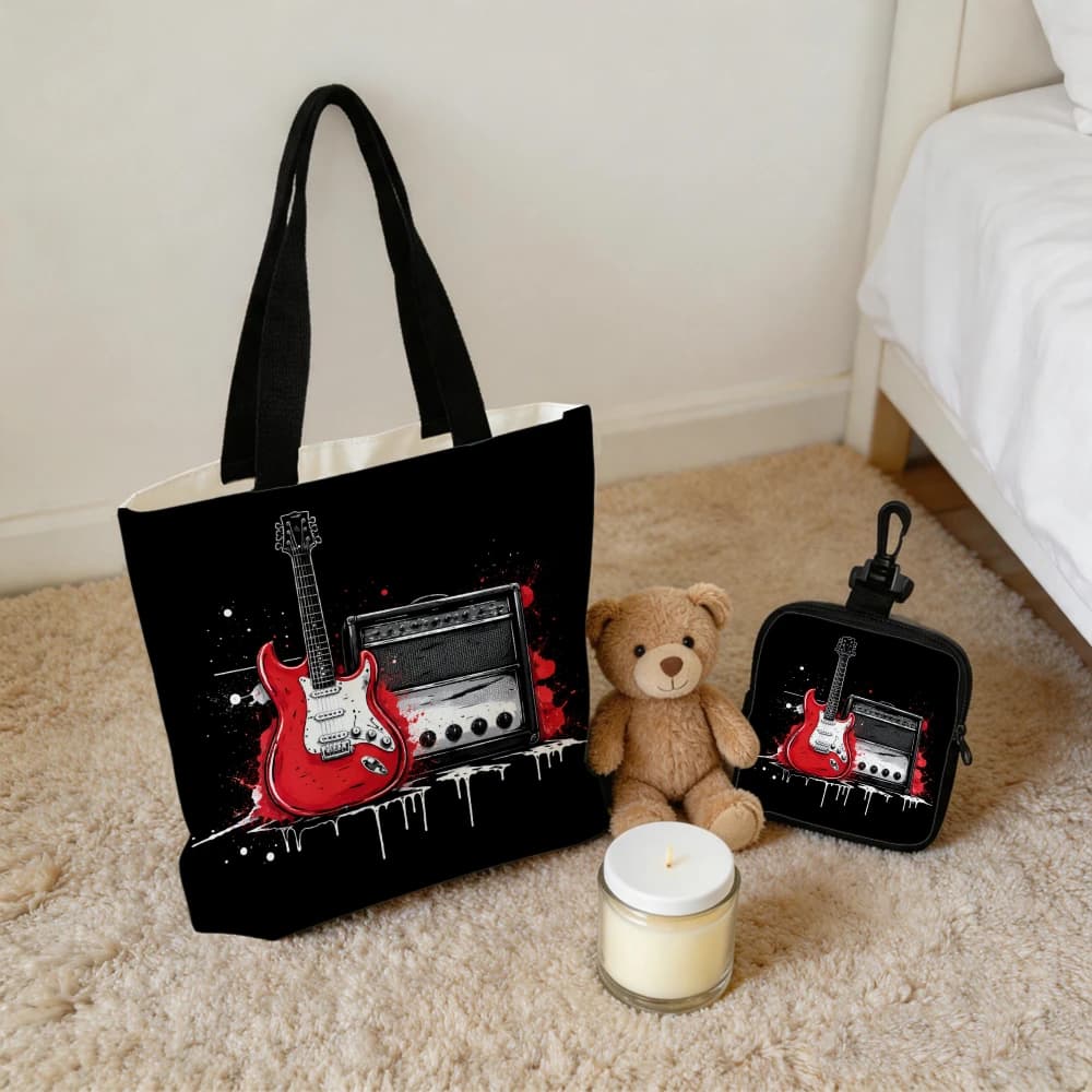 1/2PC Black Red Electric Guitar And Amplifier Print Coin Purse Handbag Tote Bags and Storage Bag Mini Pouch Suitable for Daily