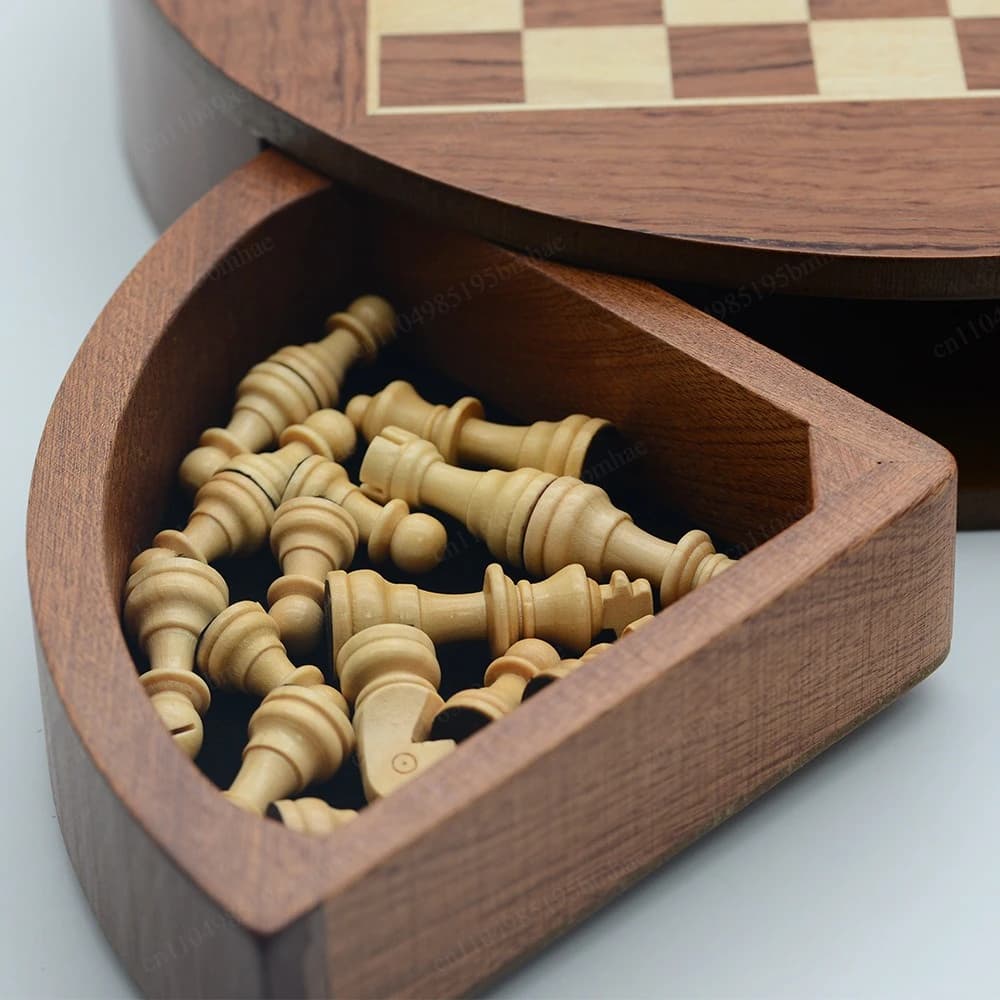 Magnetic Rotating Chess Set, Round Wooden Board with Spinning Drawer Storage, 32 Magnetic Pieces Travel Game